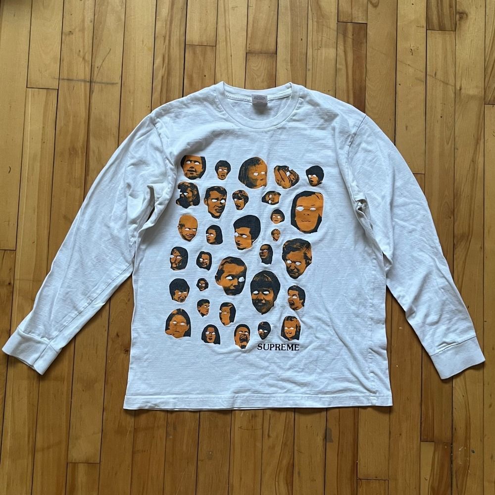 Supreme Graphic T-Shirt White Long Sleeve Multiple Faces Print Cotton Size M